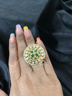 Indian Wedding Ring | Moissanite Ring| Indian Traditional Ring| Polki Ring|Moissanite Polki Ring | Indian Polki | Statement Ring | Ring | Material : Silver Gemstone: Moissanite, Swarovski Stones and Green Enamel Stone colour: Uncut Polki Primary colour: Gold Ring Size : Adjustable Silver Intricate, hand crafted, Pure Silver Polki Rings , studded with high quality Moissanite Polki , made in 92.5 silver with 22ct gold plating. Product comes with 92.5 silver hallmark. - We also Customize ring size Polki Rings, Indian Wedding Rings, Traditional Ring, Ring Indian, Stone Colour, Swarovski Stones, Etsy Wedding Rings, Indian Wedding Jewelry, Ring Moissanite