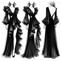 three different views of the back and side of a black dress with ruffles