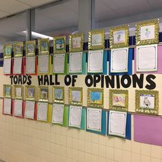 a bulletin board with lots of pictures on it and words written in large letters above them