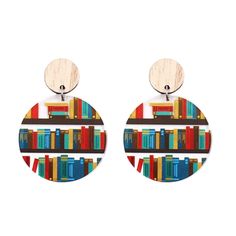 two pairs of wooden earrings with bookshelves in the middle and on each earring