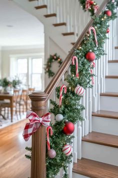 christmas decorations on the banister and stairs