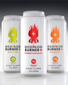 three cans of boo koo burner and pumpkin energy drink on a white background