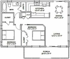 the floor plan for a two bedroom apartment with an attached kitchen and living room area