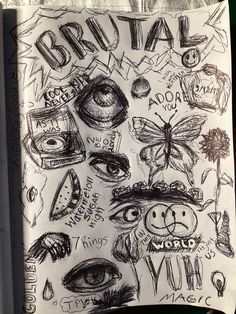 an open notebook with drawings on it and some words written in the middle, along with images of people's eyes