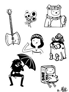 some black and white drawings of people with an umbrella, dog, cat and guitar