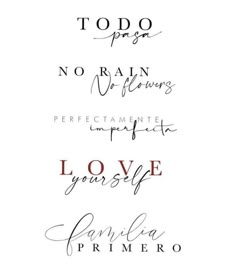 four different types of lettering with the words love yourself, to do and no rain