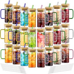 many different colored mugs with straw tops and lids on each one, all lined up in the same row