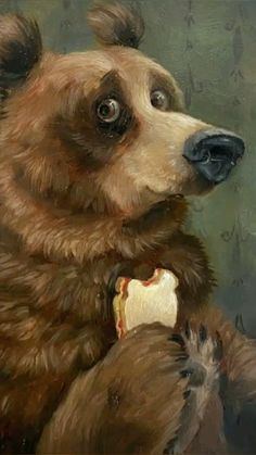 a painting of a brown bear holding an apple