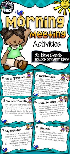 a poster with the words morning meeting activities for students to use on their classroom desks