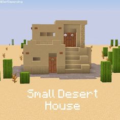 the small desert house is made out of blocks and bricks, with cactus bushes around it