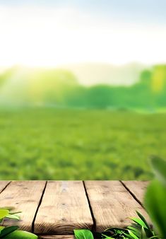 an empty wooden table with green grass in the background