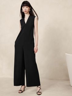 Luna Jumpsuit | Banana Republic Sleek Jumpsuit, Black Sleeveless Jumpsuit, Black White Jumpsuit, Satin Jumpsuit, Wide Leg Romper, Banana Republic Pants, Sleeveless Jumpsuits, Long Sleeve Romper, Crepe Fabric