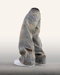 Street Retro Raw Edge Embroidery Baggy Jeans for Men Fashion Hip Hop P – gotmes-shop Edge Embroidery, Baggy Jeans For Women, Wide Leg Pants Outfit, Embroidery Denim, Hip Hop Jeans, Leg Pants Outfit, Streetwear Jeans, Y2k Men, Oversized Jeans