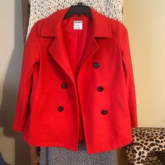 I Have A Red Pea Coat From Old Navy! It’s Nice And Warm, And Can Dress Up Any Outfit! The Jacket Was Only Worn Twice, So It’s Basically Brand New! Red Pea Coat With Pockets For Fall, Red Fall Pea Coat With Pockets, Red Pea Coat For Fall, Classic Red Pea Coat For Fall, Red Long Sleeve Pea Coat For Work, Casual Red Blazer For Winter, Plaid Overcoat, Red Pea Coat, Plaid Peacoat