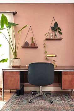 an office with pink walls and plants on the wall, along with a black chair