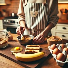 a woman in an apron preparing food on a cutting board with eggs, bananas and other ingredients