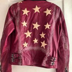 Plum Leather Jacket With Stars This Is A Large But Really A Medium New With Tags Statement Clothing Pieces, Colorful Leather Jacket, Jacket With Stars, Grad Outfits, Motorcycle Aesthetic, Statement Jacket, Silk Jacket, Line Jackets, Red Jacket