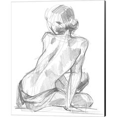 a black and white drawing of a woman sitting on the ground with her back to the camera