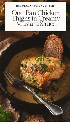 one pan chicken thighs in creamy mustard sauce on a plate with bread and parsley