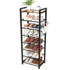 the shoe rack is holding several pairs of shoes and a potted plant in it