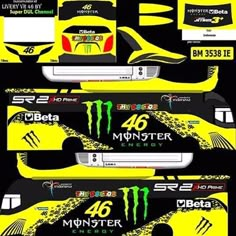 the monster energy livery is shown in yellow and black, as well as other graphics