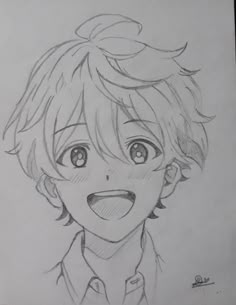 a pencil drawing of a boy with his mouth open and eyes wide open, smiling