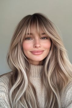 Long Hair Feathered Bangs, Elle Bangs Hair, Long Fringe Long Hair, 70s Long Hair With Bangs, Root Smudge With Bangs, Light Blonde With Bangs, Medium Blonde With Bangs, Ash Blonde Curtain Bangs, Long Blonde Hairstyles With Bangs