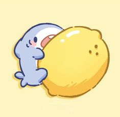 an image of a cartoon character hugging a big yellow object with his face close to the ground