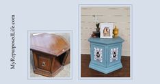 an old table has been painted blue and white with pictures on the top, along with other items