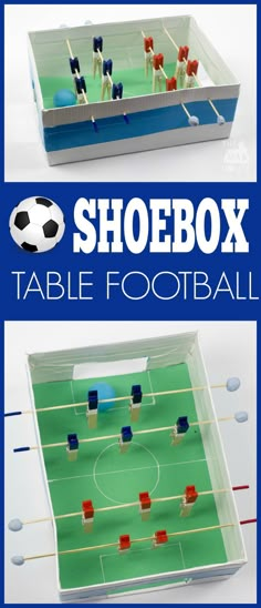 a table football game is shown with the words shoebox on it and an image of a