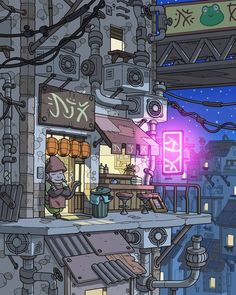 an animated city with lots of buildings and neon signs