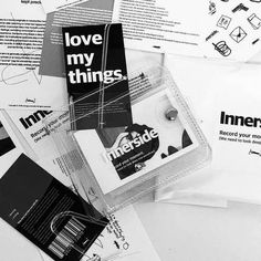 there are many pieces of paper on top of each other with the words i love my things in black and white