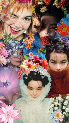 a collage of different people with flowers in their hair and on their heads, all looking at the camera