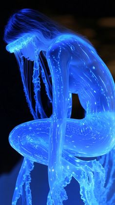 a blue jellyfish in the dark with its head down