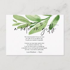 a wedding card with green leaves and the words,'just in my guts '