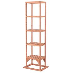 a wooden shelving unit with four shelves