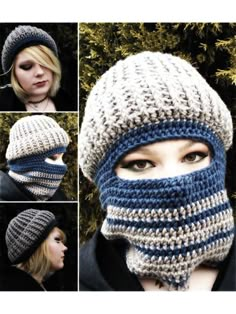 a woman wearing a crocheted hat and scarf with multiple photos of her face