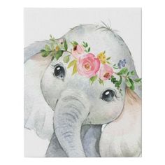 an elephant with flowers on its head is shown in this watercolor style throw pillow