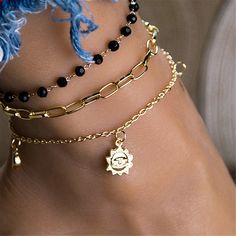 Elevate your boho-chic ensembles with this charming anklet set. Includes three anklets Anklet 1: 8.23'' L + 2.17'' extender Anklet 2: 7.72'' L + 2.17'' extender; pendant: 0.47'' W x 0.55' H Anklet 3: 7.72'' L + 2.17'' extender Lobster claw clasp 18k gold-plated copper / acrylic Trendy Gold Anklets For Festivals, Body Shein, Sun Decor, Leg Jewelry, Cute Anklets, Women Anklets, Gold Anklet, Beaded Anklets, Foot Jewelry