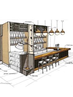 a drawing of a small bar with stools and lights hanging from it's ceiling