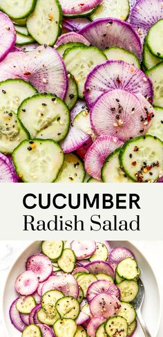 cucumber and radish salad in a white bowl