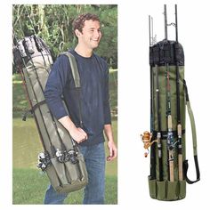 a man is holding two fishing rods and carrying it in his back pack to the water