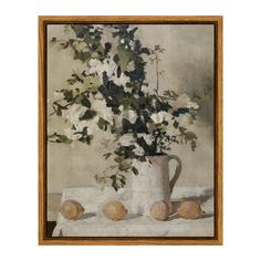 a painting of white flowers in a vase on a table next to some fruit and bread