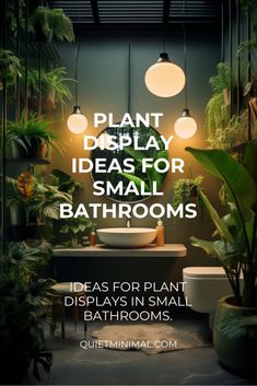 a bathroom with plants and lights above it