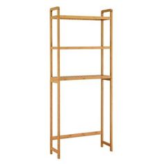 a wooden shelving unit with three shelves