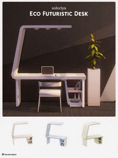 an advertisement for the eco futuristic desk, featuring two chairs and a table with a plant in it