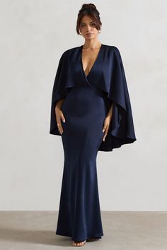 Yasie Navy Satin Plunge-Neck Maxi Dress With Cape Sleeves – Club L London - USA Black Tie Dress Wedding, Dress With Cape Sleeves, Plunge Neck Maxi Dress, Navy Maxi Dress, Winter Wedding Guest Dress, Dress With Cape, Club L London, Formal Dresses With Sleeves, Black Tie Gala