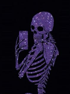 a skeleton holding a cell phone in its right hand and looking at the screen with stars on it