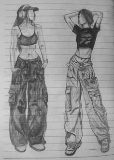 two women standing next to each other with their hands on their hipss, in pencil