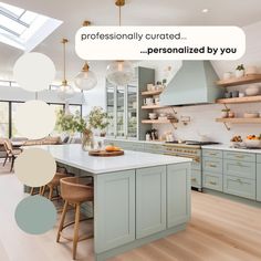 an image of a kitchen with blue cabinets and white counter tops that says professionally curated personalized by you